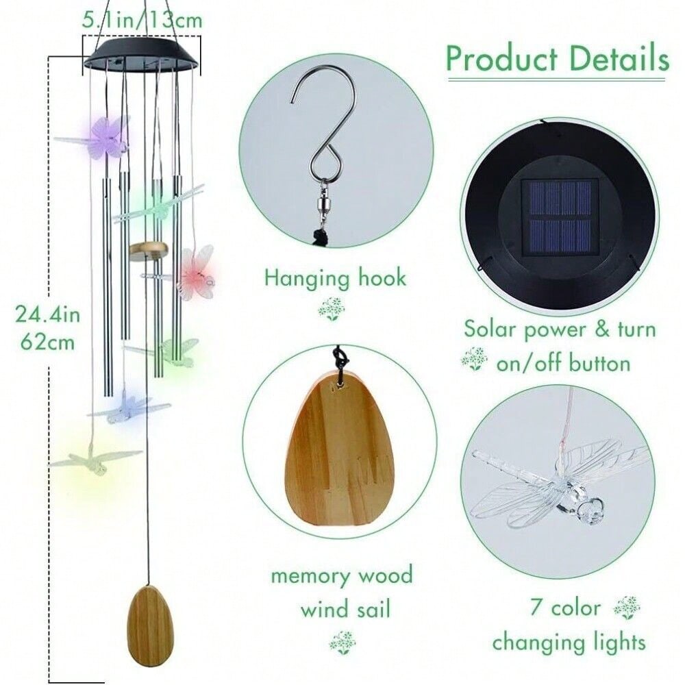 STONESKY Solar Wind Chimes LED Color Changing Dragonfly Commemorative Wind Chimes 4 Tubes