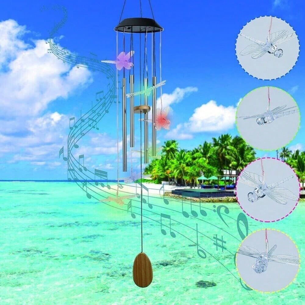 STONESKY Solar Wind Chimes LED Color Changing Dragonfly Commemorative Wind Chimes 4 Tubes