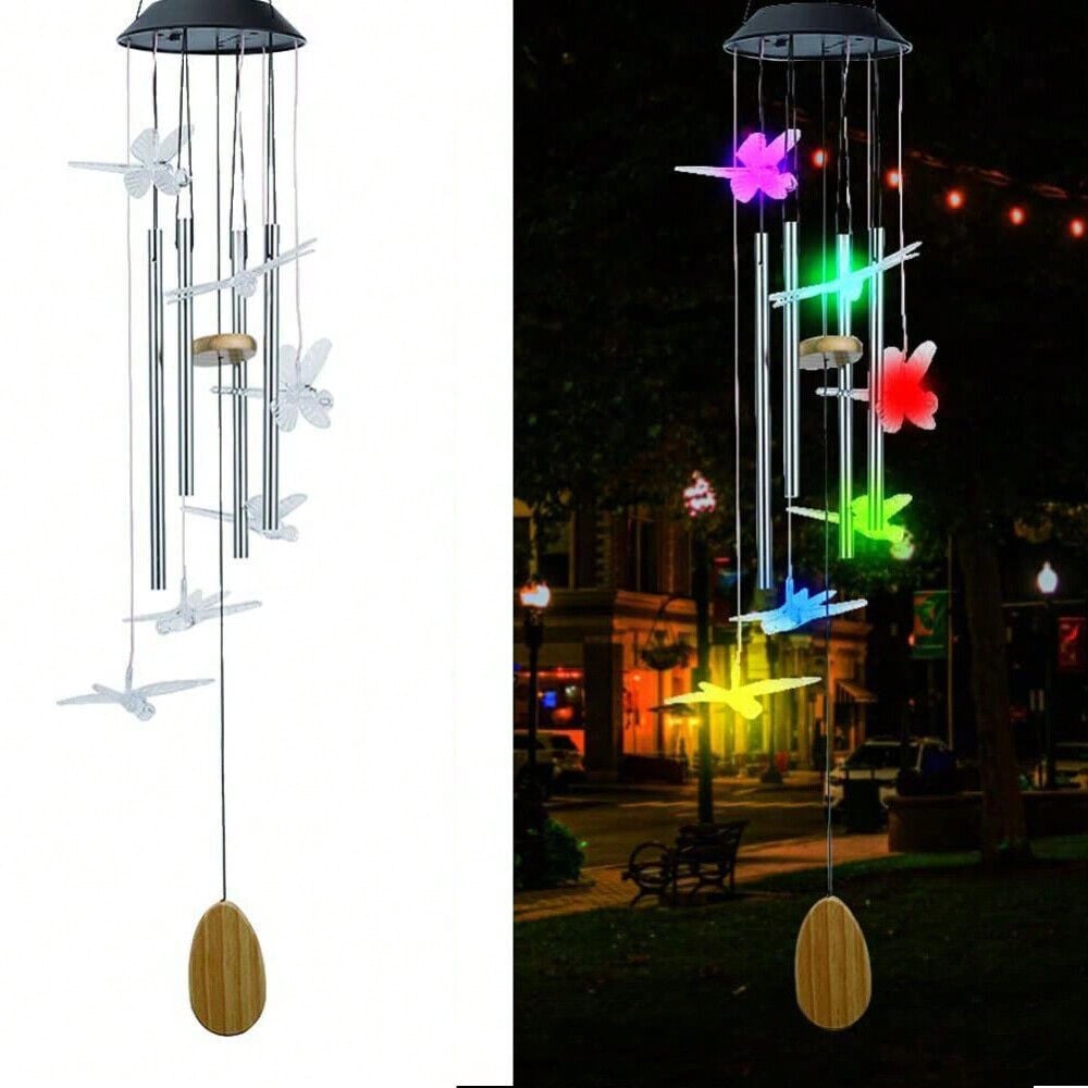 STONESKY Solar Wind Chimes LED Color Changing Dragonfly Commemorative Wind Chimes 4 Tubes