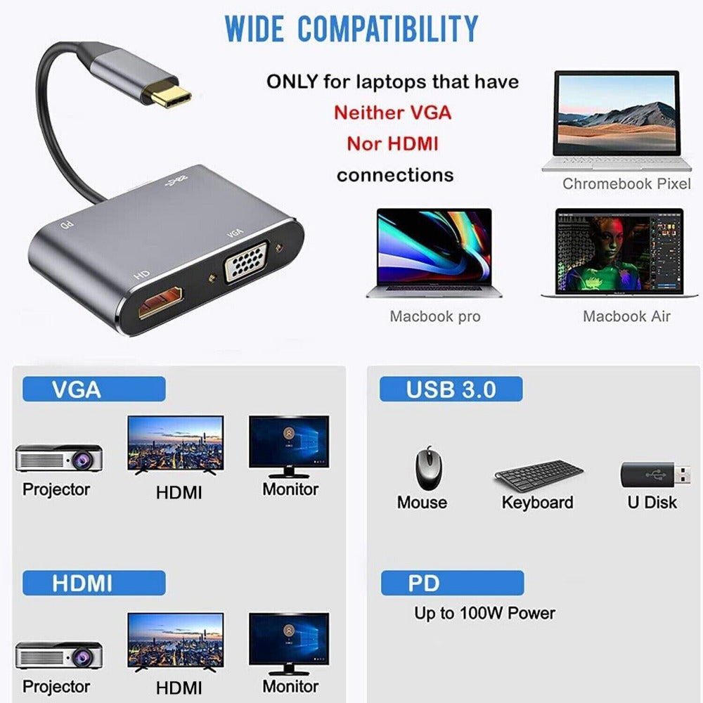 StoneSky USB 3.0 Type C USB C To VGA HDMI Multiport Adapter 4K UHD Converter Port MacBook