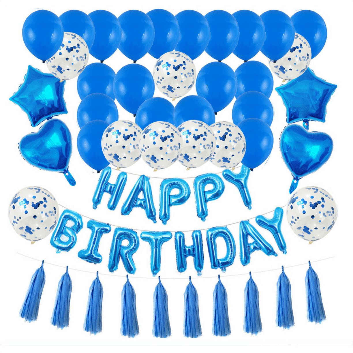 Blue Happy Birthday Decorations, 48-Piece Woman Girl Party Essentials, Includes Banner Balloon, Latex / Confetti / Foil Ballons, Tassels, Stickers & Balloon Pump