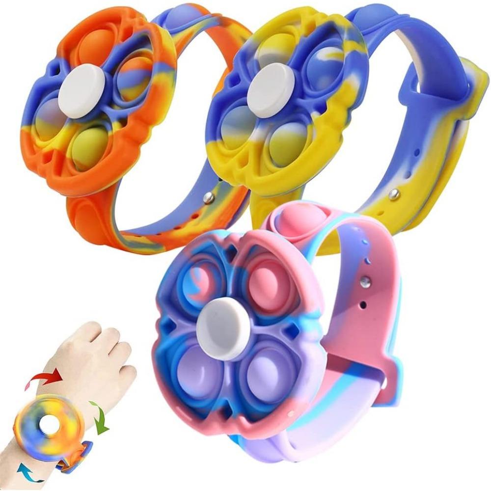 STONESKY Rotatable Push Pop Bubble Bracelet Toys Fidget Spinner Watch Band Toy for Kids, Sensory Fidget Bracelets Stress Relief Fingertip Press Simple Dimple Silicone Wristband (Multicolor 3PCS)