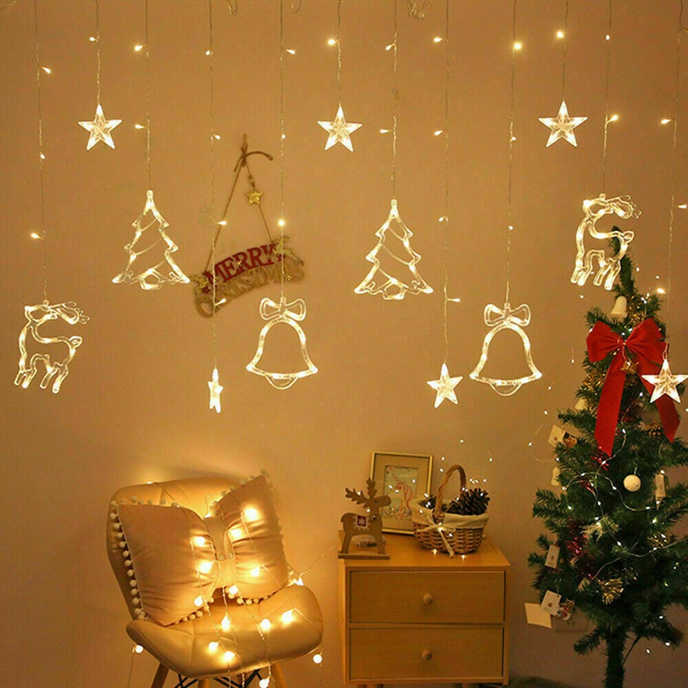 STONESKY EROCK LED Christmas Star Snowflake Deer Bells Tree Garland String Fairy Curtain Lights