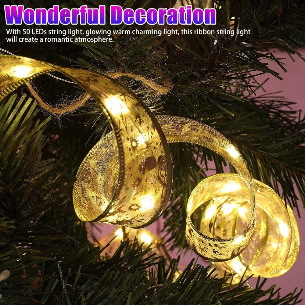 STONESKY 16.4ft 50LED Outdoor String Fairy Lights Ribbon Bows Christmas Tree Garden Decor