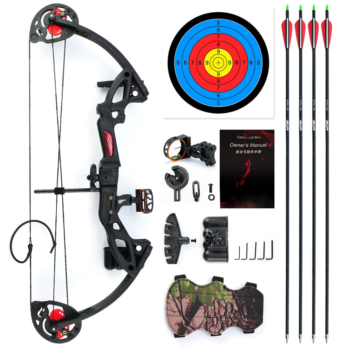 StoneSky 15-29lbs Compound Bow Kit W/4pcs Arrows Right Hand Target Practice Hunting Youth