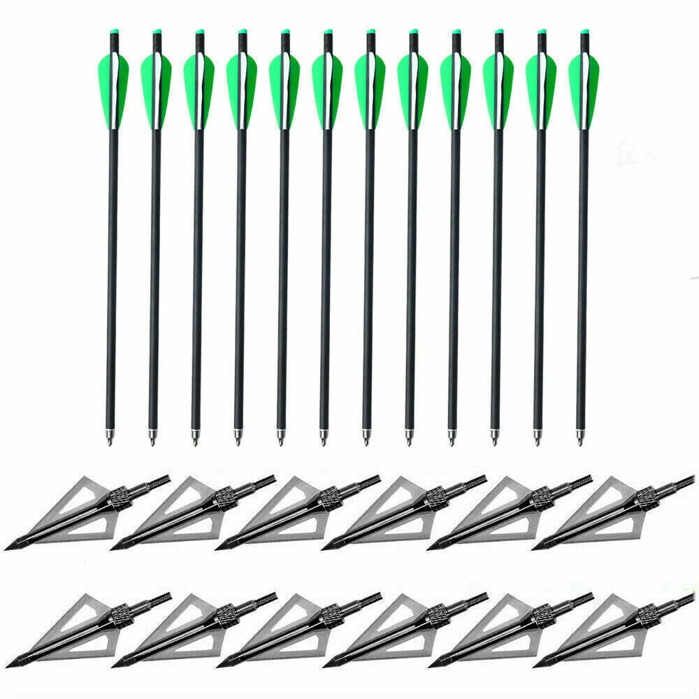 StoneSky 20 inch Crossbow Bolts Carbon Arrows Target + 12x 100 grain Broadheads +Quiver