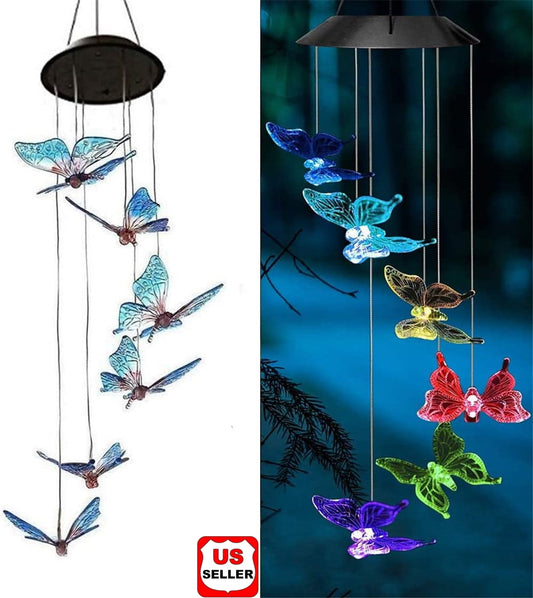 LINKPAL Solar Wind Chimes Outdoor, Color-Changing Solar Mobile Wind Chime Waterproof Solar Powered LED Hanging Lamp for Outdoor Garden Festival Decoration (Butterfly)