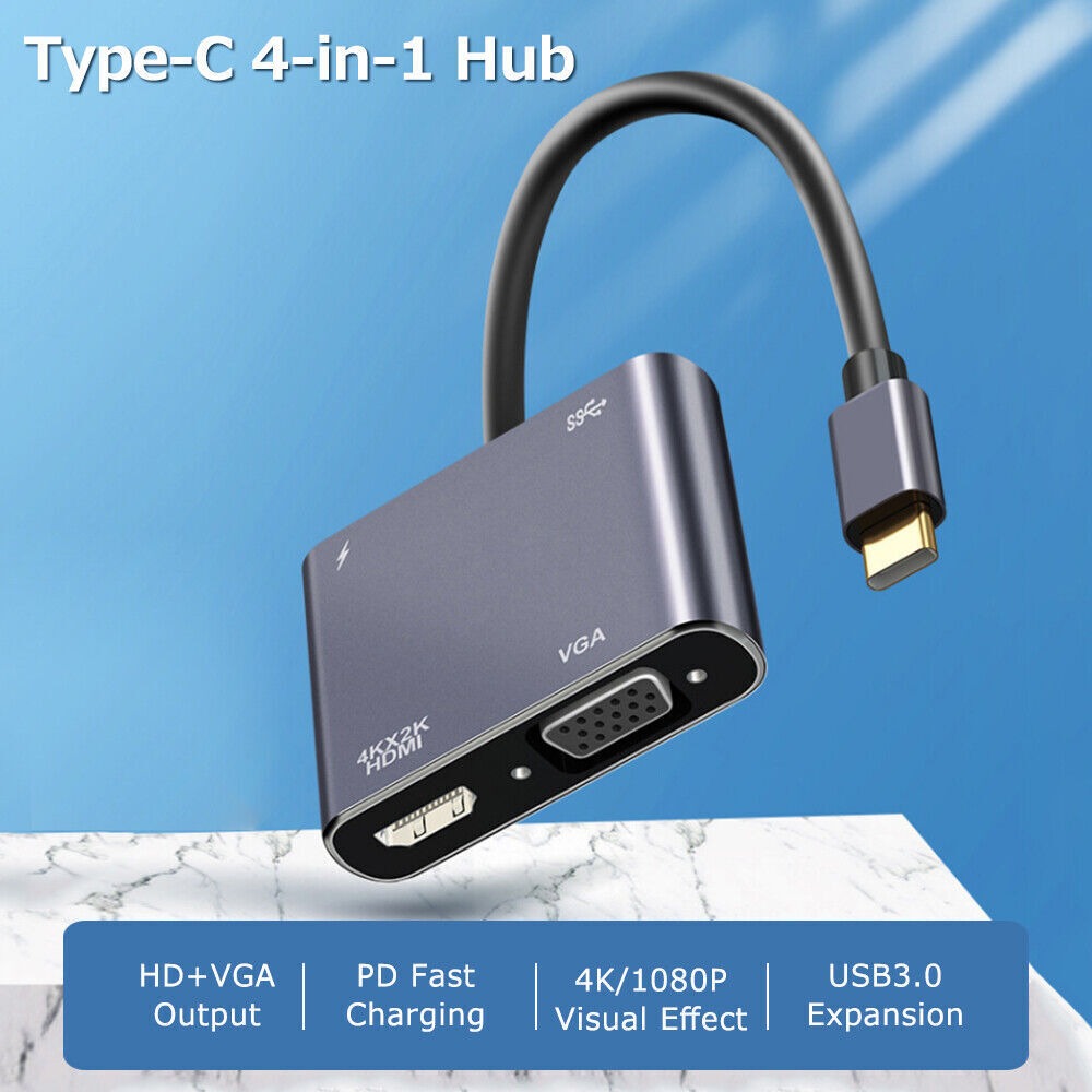 StoneSky USB 3.0 Type C USB C To VGA HDMI Multiport Adapter 4K UHD Converter Port MacBook