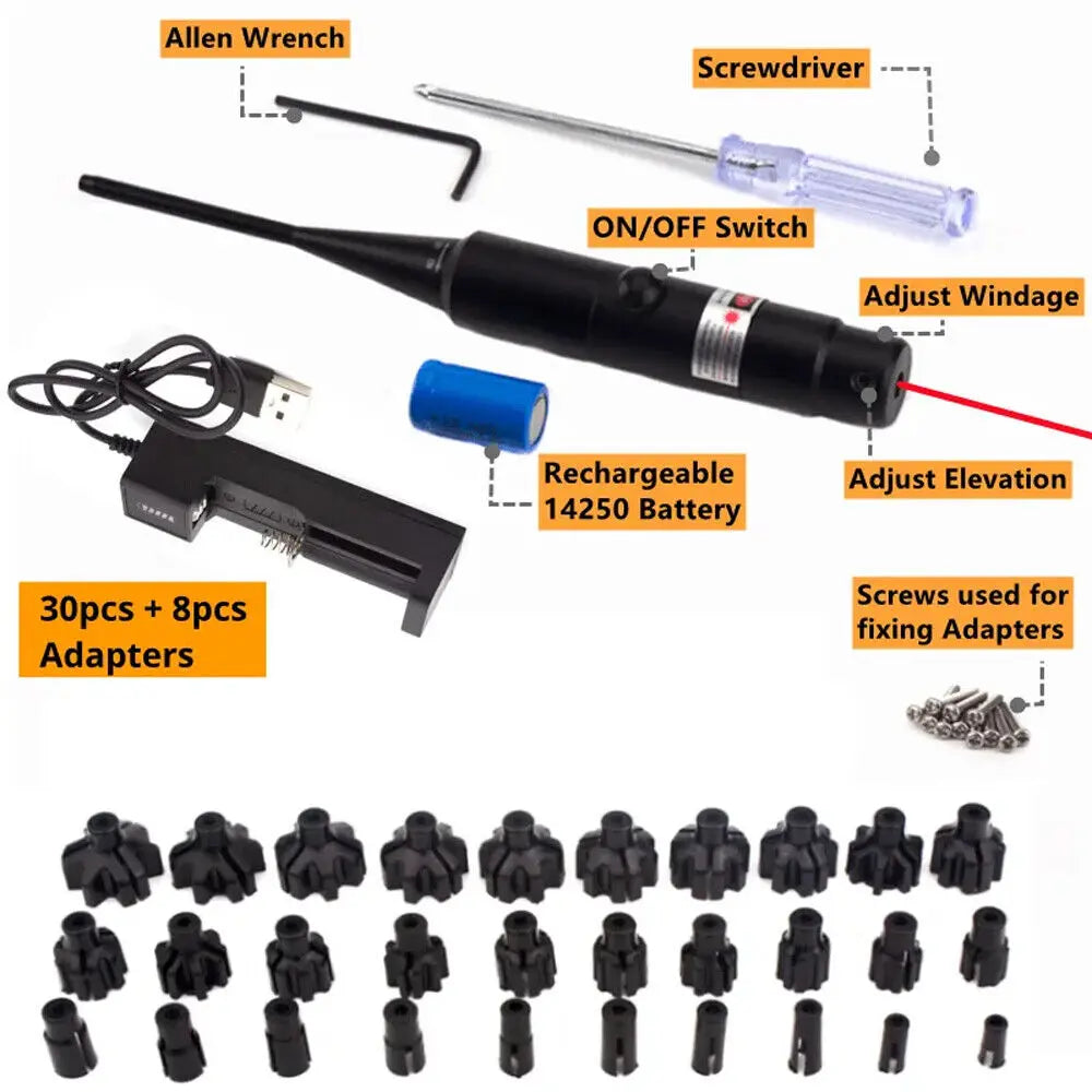 STONESKY US Red Laser Bore Sight Collimator .17 to .78 Sighter For Rifle w/30 Adapters Easy To Use