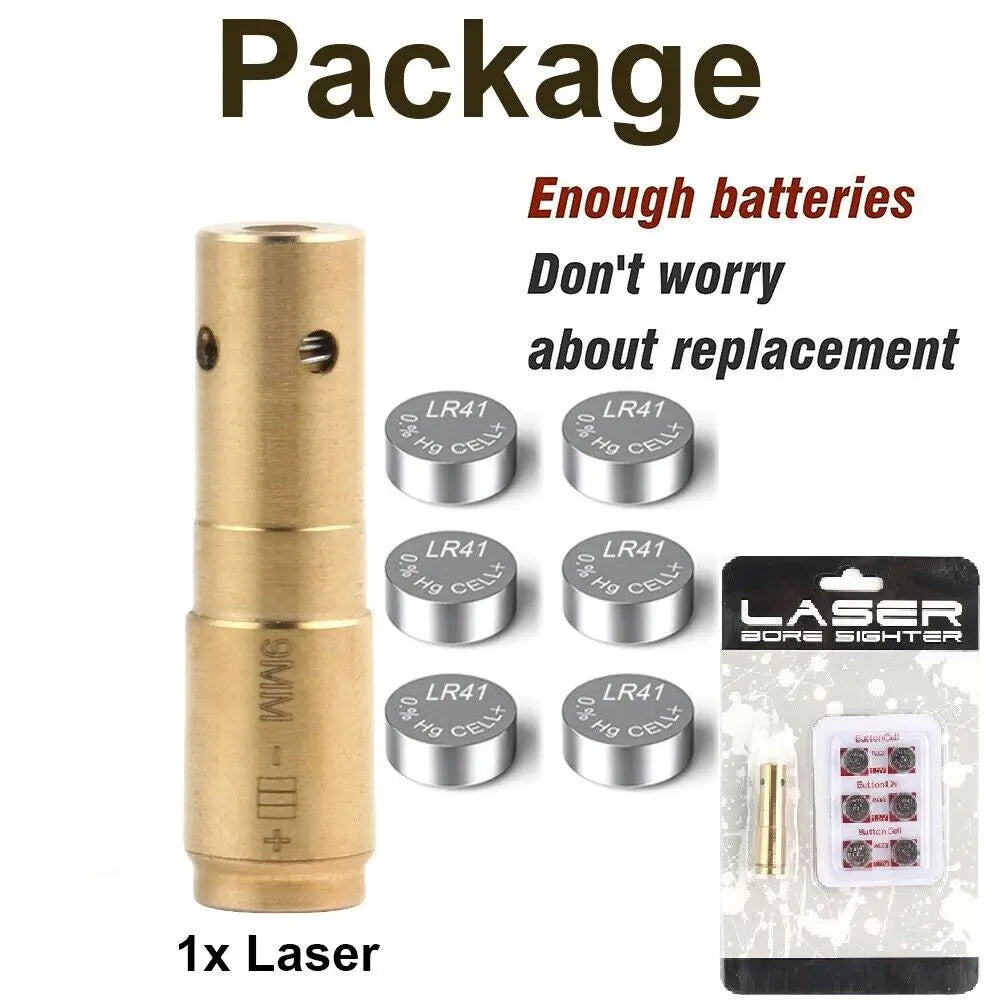 STONESKY Brass CAL 9mm Red Laser Bore Sight Magwell Bullet Shap Boresighter 6pc Batteries hunting