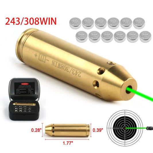 STONESKY 243/308WIN Brass Boresighter Cartridge Green Laser Bore Sighter .243 .308 Laser Bore Sight Battery