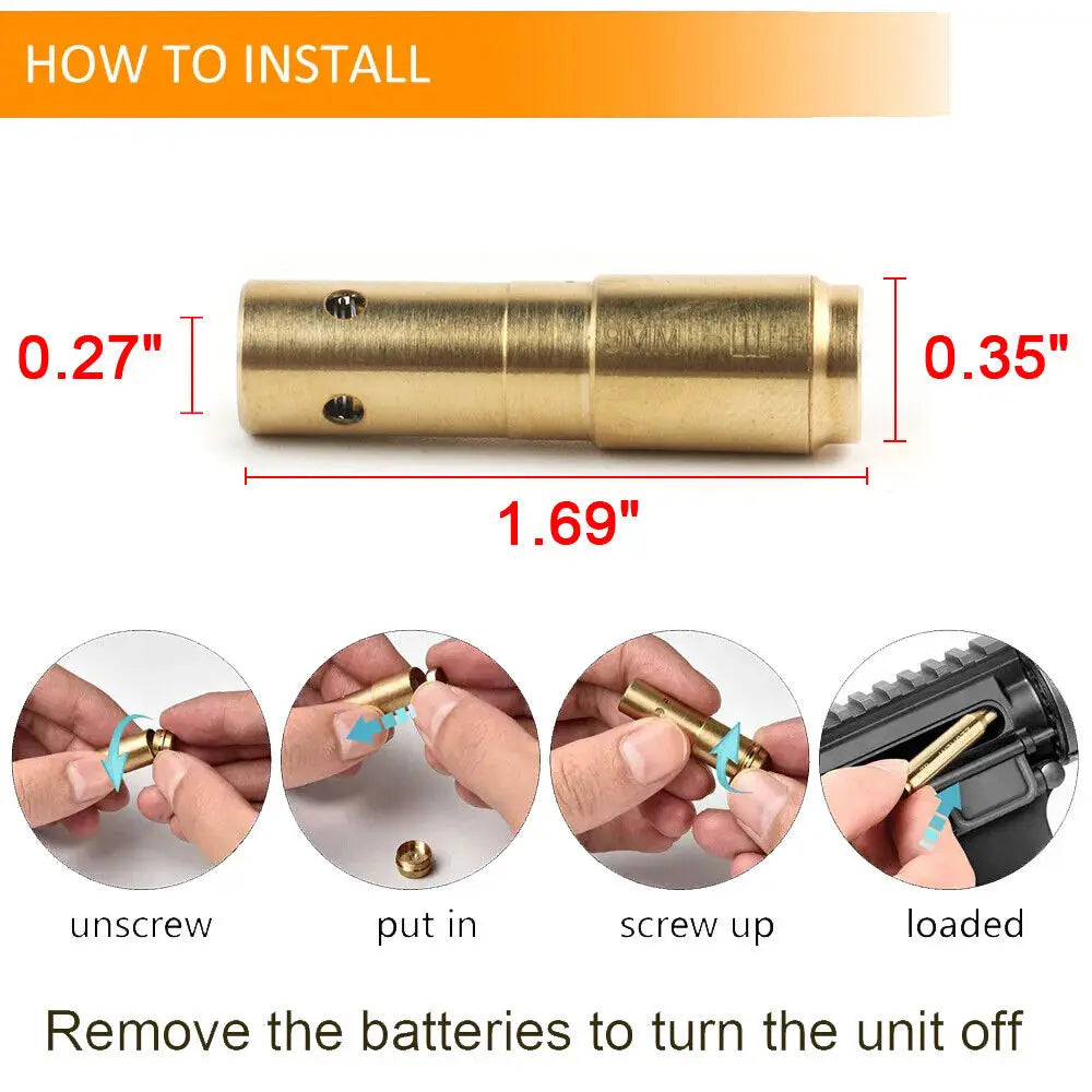 STONESKY Brass CAL 9mm Red Laser Bore Sight Magwell Bullet Shap Boresighter 6pc Batteries hunting