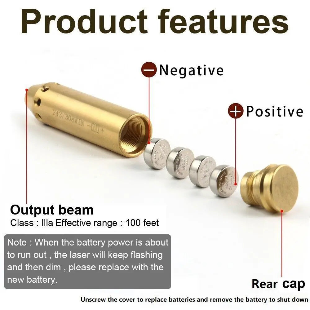 STONESKY 243/308WIN Brass Boresighter Cartridge Green Laser Bore Sighter .243 .308 Laser Bore Sight Battery