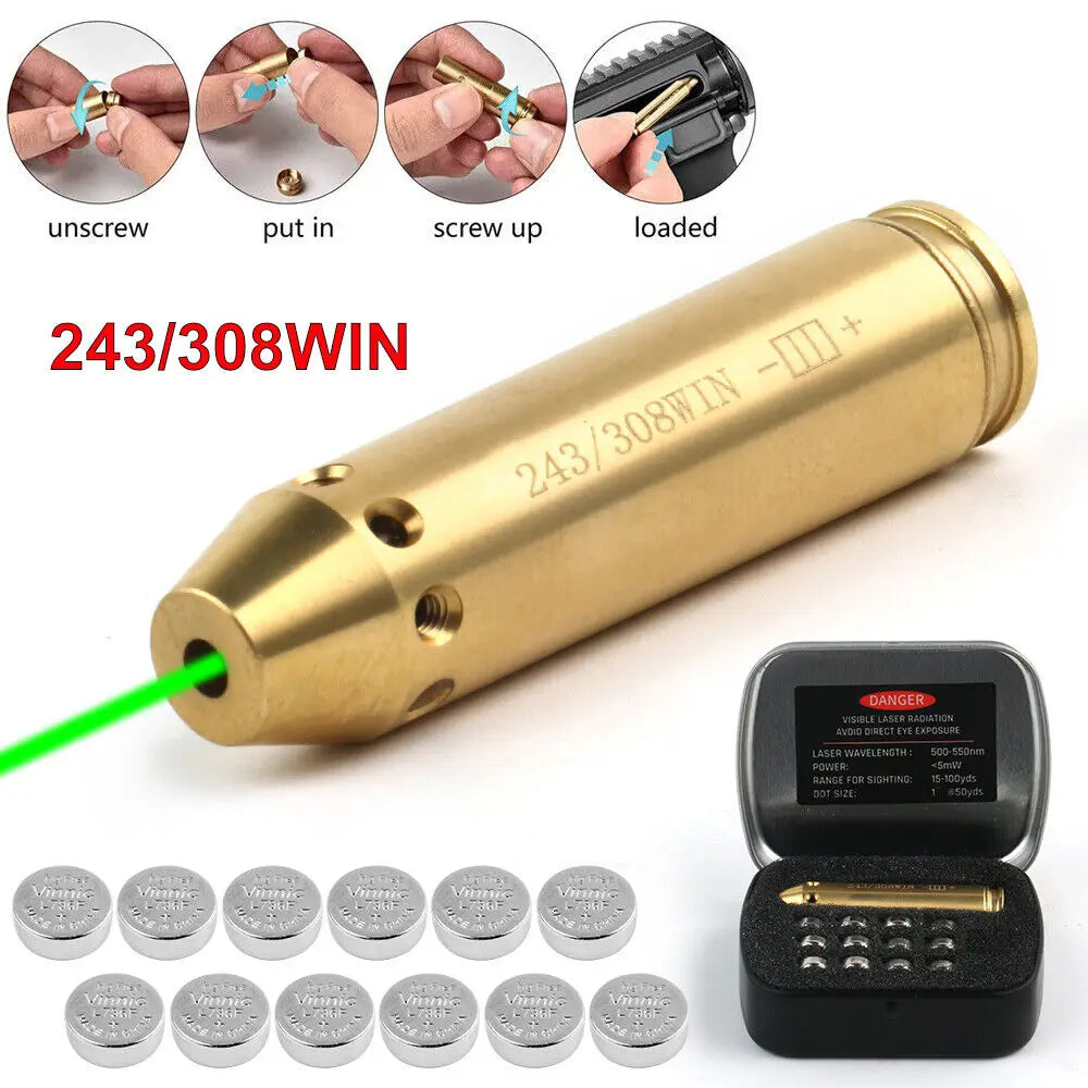 STONESKY Green Laser Boresight 9MM/243/308WIN/CAL.223REM Cartridge Bore Sighter W/ Battery