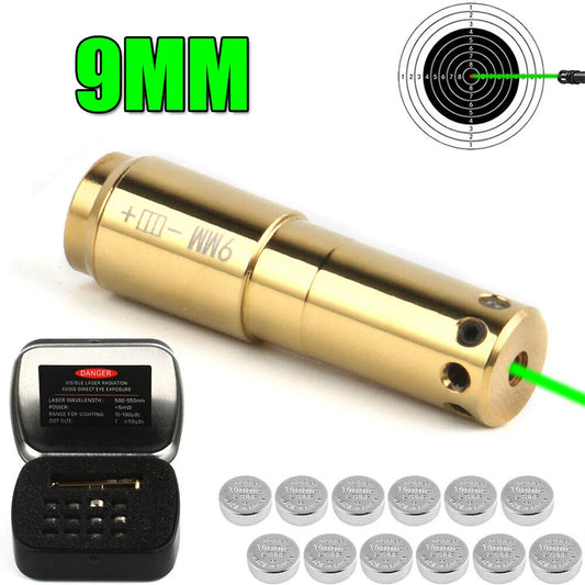 STONESKY 9mm Green Laser Bore Sight Cartridge Boresight Dry Fire Shooting Training Brass 12Pcs Batteries Included