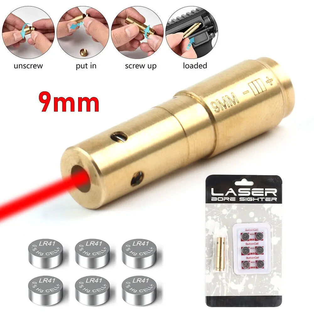 STONESKY Brass CAL 9mm Red Laser Bore Sight Magwell Bullet Shap Boresighter 6pc Batteries hunting