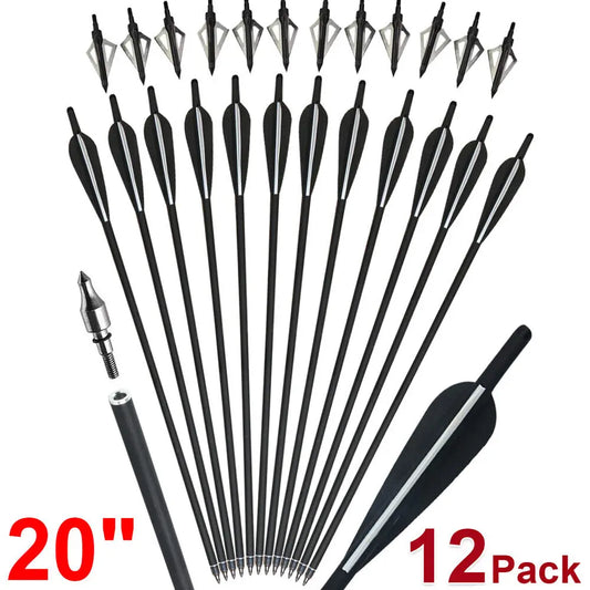 STONESKY 12Pcs 20'' Carbon Crossbow Bolts Archery Hunting w/ 12Pcs 100 Garin Arrowhead hunting bow