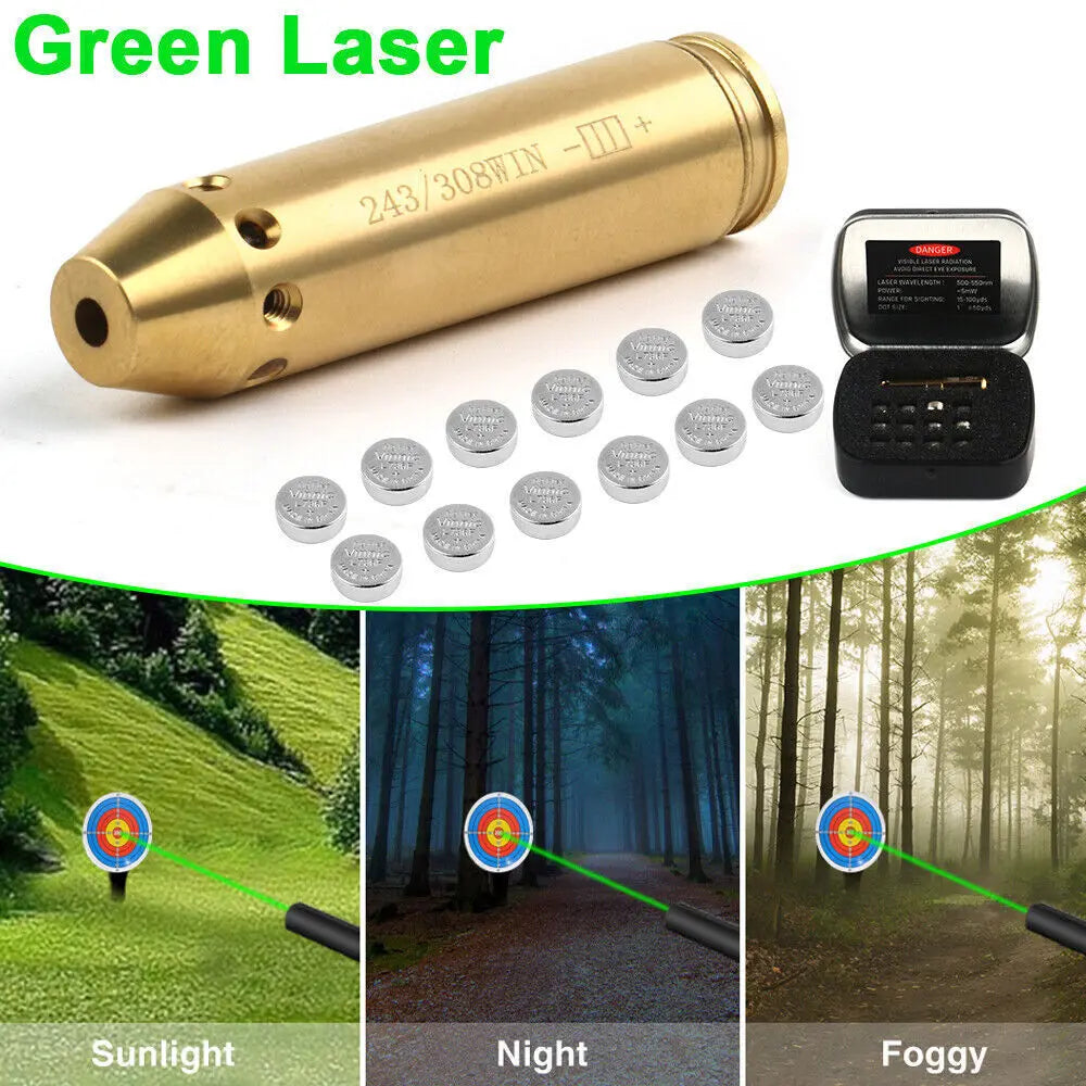 STONESKY 243/308WIN Brass Boresighter Cartridge Green Laser Bore Sighter .243 .308 Laser Bore Sight Battery