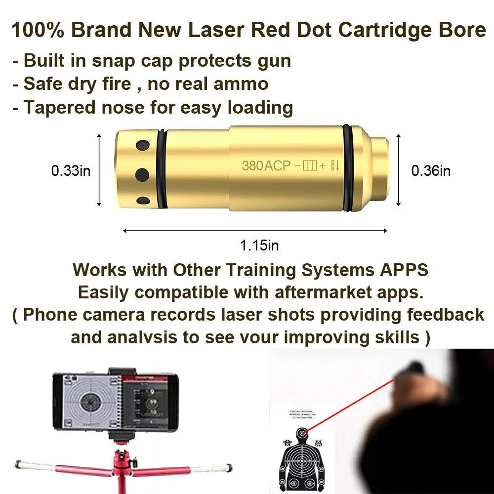 STONESKY .380ACP Red Laser Bore Sight Cartridge Dry Fire Shooting Training Boresight Simulator