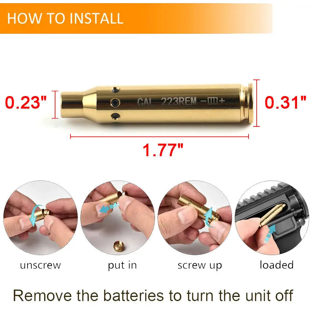 STONESKY .223REM Green Laser Bore Sight Cartridge Shooting Boresight w/ 12Pcs Battery holographic sight