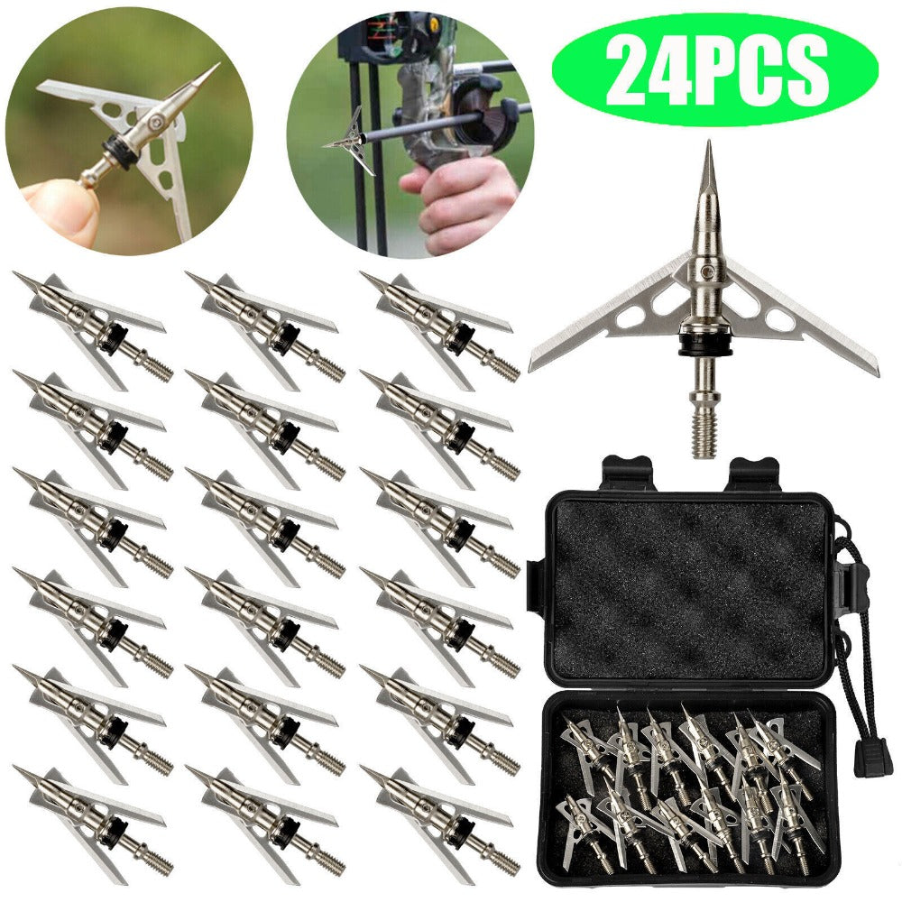 StoneSky 24Pcs 100Grain Arrowheads 2 Blade Archery Hunting Broadheads 2" Dia Expandable