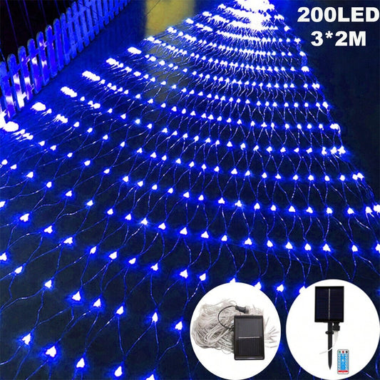 STONESKY Blue Light Solar Powered Outdoor Christmas Net Lights 200 LED Mesh String Lights