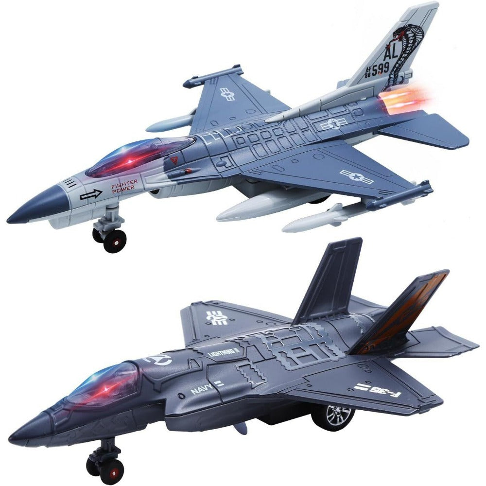 STONESKY F35+F16 Pull Back Diecast Fighter Jet Plane Model Toys for Kids with Sound Light