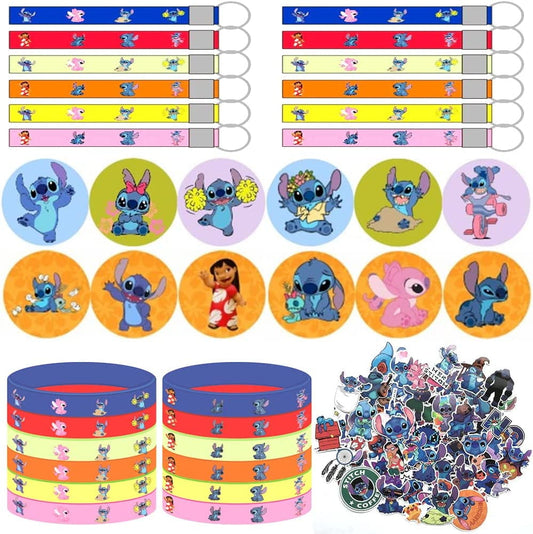 88Pcs Kids Theme Birthday Party Supplies Party Decorations Set for Lilo and Stitch, Include 12 Silicone Wristband, 12 Keychains, 12 Button Pins, 52 Stickers for Kids Birthday Party Favors, Goodie Bags
