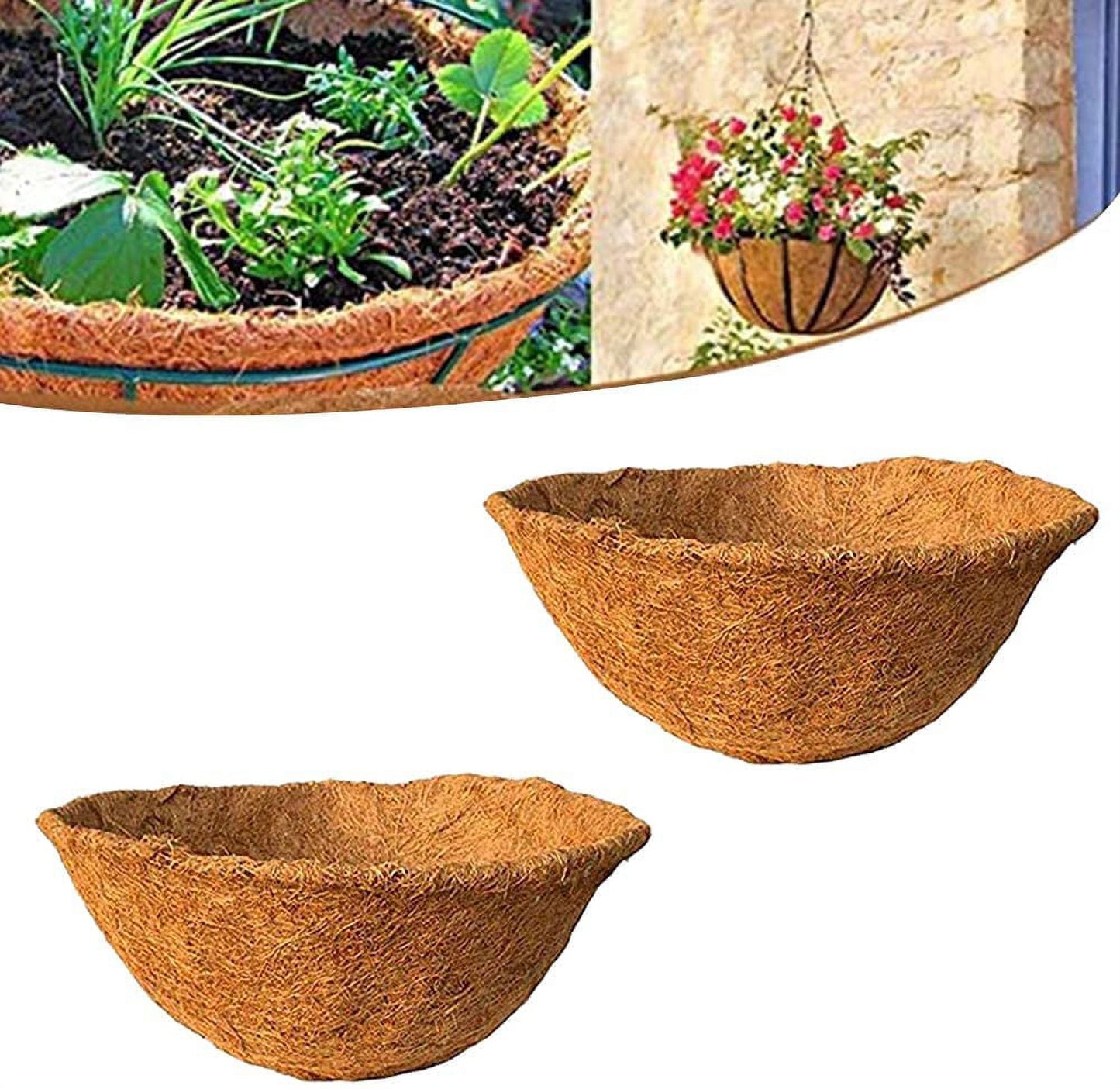 2pcs 16 inches Round Coco Coir Liners Replacement for Hanging Basket, 100% Natural Pre-Formed Coconut Fiber Planter Liners for Garden Flower Vegetables Pot/Wall Hanging Baskets/Fence Flower Baskets