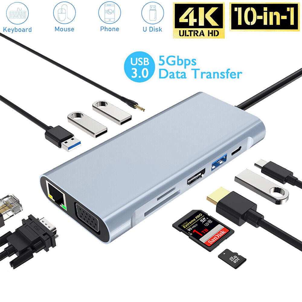 StoneSky 10 in 1 HUB Type-C to 4K HDMI VGA USB Multi Port Adapter for PC Laptop Macbook