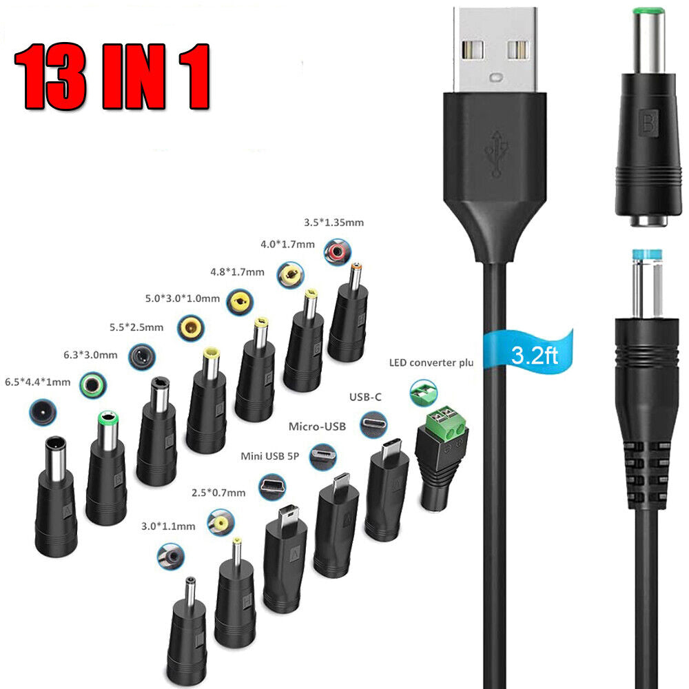 StoneSky 5V Universal USB to DC Charging Cord 5.5x2.1mm Power Cable w/ 13pcs Adapter