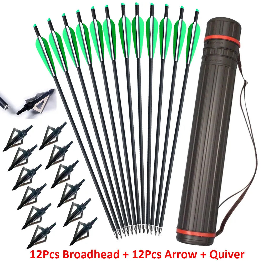 StoneSky 20 inch Crossbow Bolts Carbon Arrows Target + 12x 100 grain Broadheads +Quiver