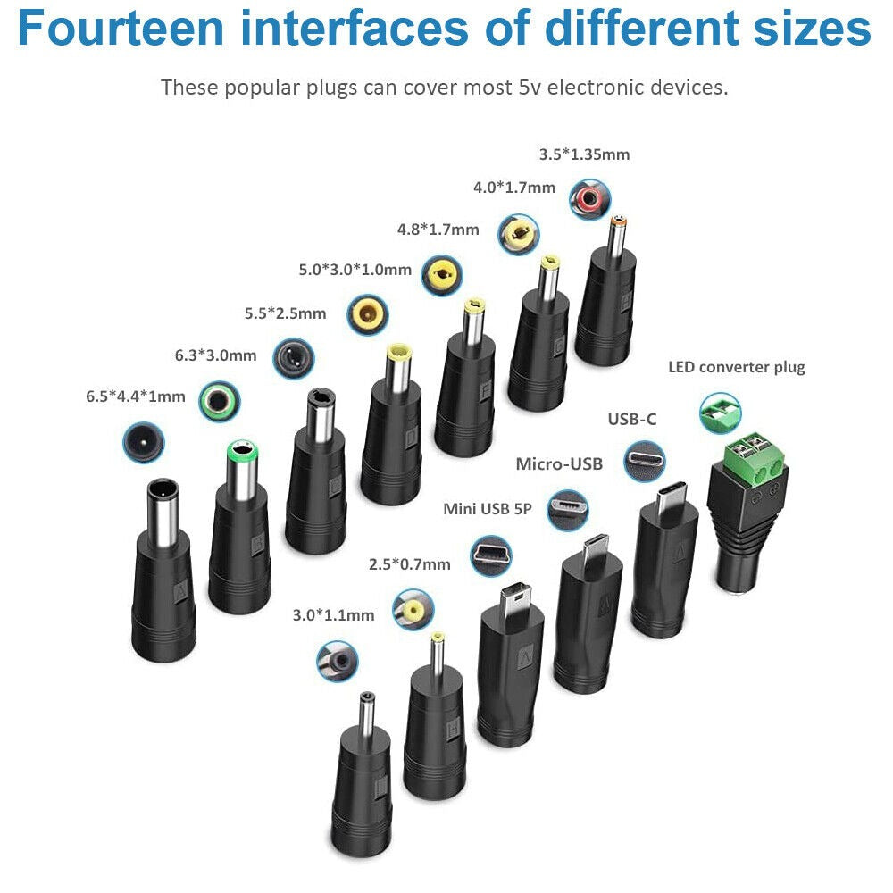 STONESKY EROCK 5V Universal DC Power Cable USB to DC 5.5x2.1mm Charging Cord with 13Pcs Adapter