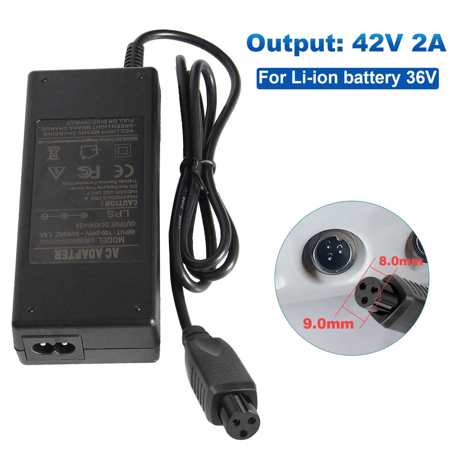 42V 3 Pin Charger for 36V Li-ion Battery Electric City Bike Scooter Bikes Ebike